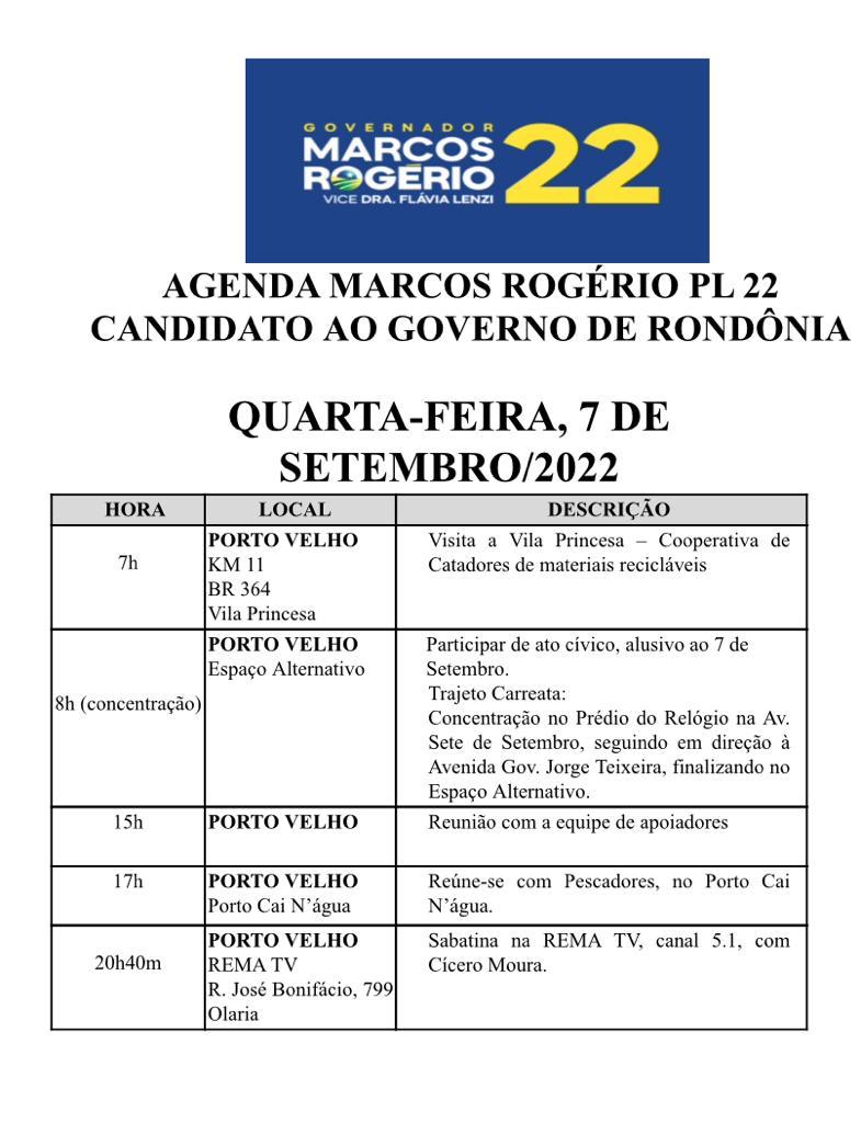 Confira a agenda candidato Marcos Rogerio para o dia 07 de setembro - News Rondônia