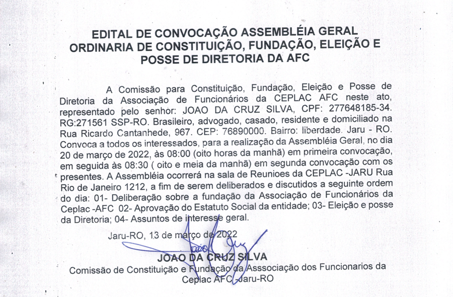 Edital de Convocação Assembleia Geral Ordinária de Constituição, Fundação, Eleição e Posse de Diretoria da AFC - News Rondônia