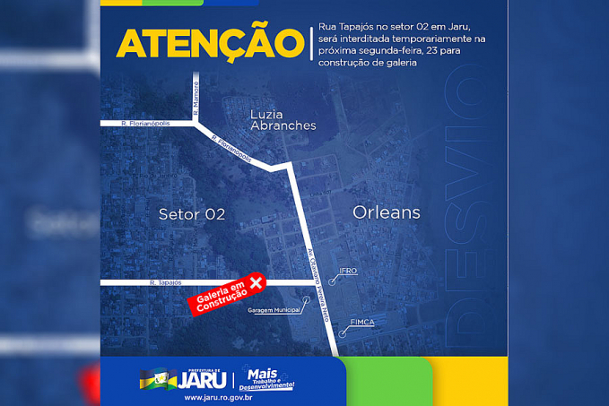 Rua Tapajós no setor 02 em Jaru, será interditada temporariamente na próxima segunda-feira, 23 para construção de galeria - News Rondônia