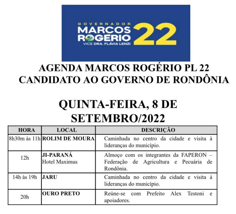 Confira a agenda Marcos Rogério, candidato a Governo do dia 08 de setembro - News Rondônia