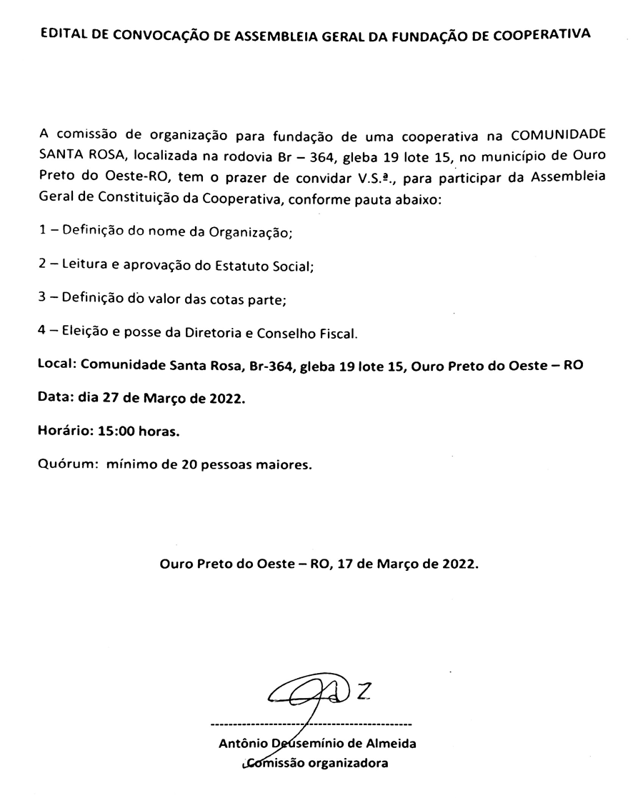 EDITAL DE CONVOCAÇÃO DE ASSEMBLEIA GERAL DA FUNDAÇÃO DE COOPERATIVA - News Rondônia