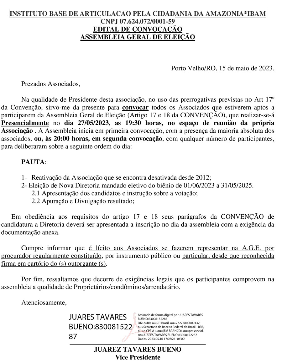 EDITAL DE CONVOCAÇÃO-ASSEMBLEIA GERAL: INSTITUTO BASE DE ARTICULAÇÃO PELA CIDADANIA DA AMAZONIA * IBAM - News Rondônia