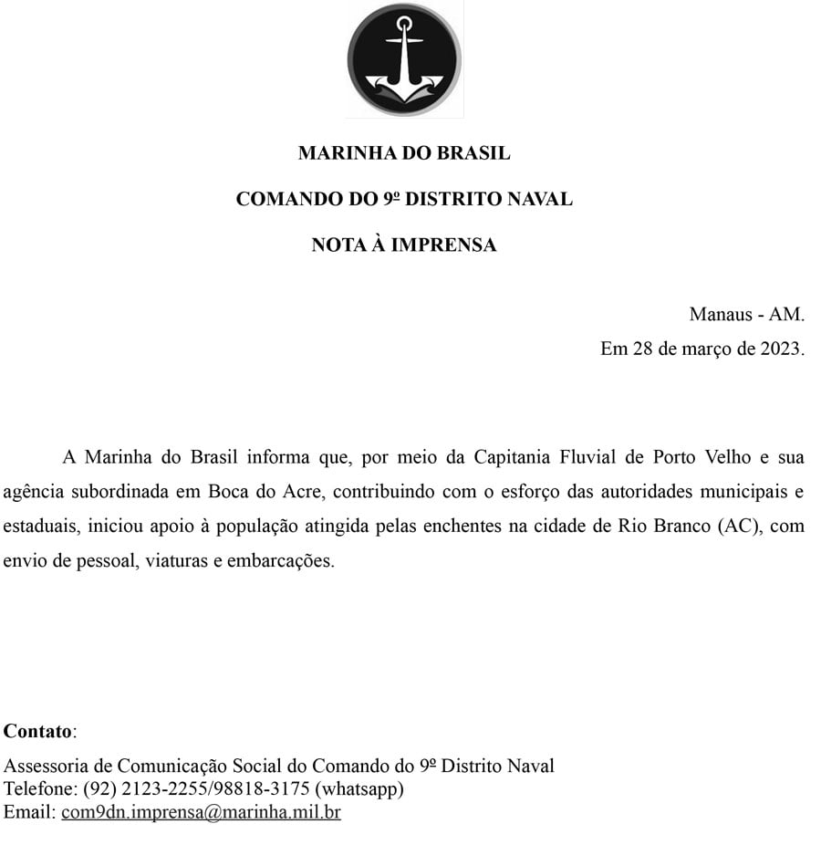 MARINHA DO BRASIL: Nota do Comando do 9º Distrito Naval - News Rondônia