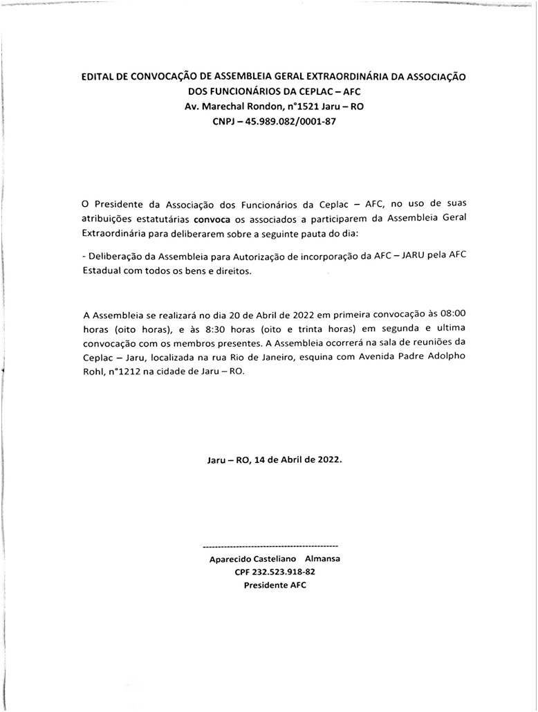 EDITAL DE CONVOCAÇÃO DE ASSEMBLEIA GERAL EXTRAORDINÁRIA DA ASSOCIAÇÃO DOS FUNCIONÁRIOS DA CEPLAC-AFC - News Rondônia