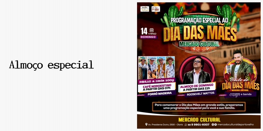 DIA DAS MÃES - Será comemorado no Mercado Cultural de Porto Velho - News Rondônia