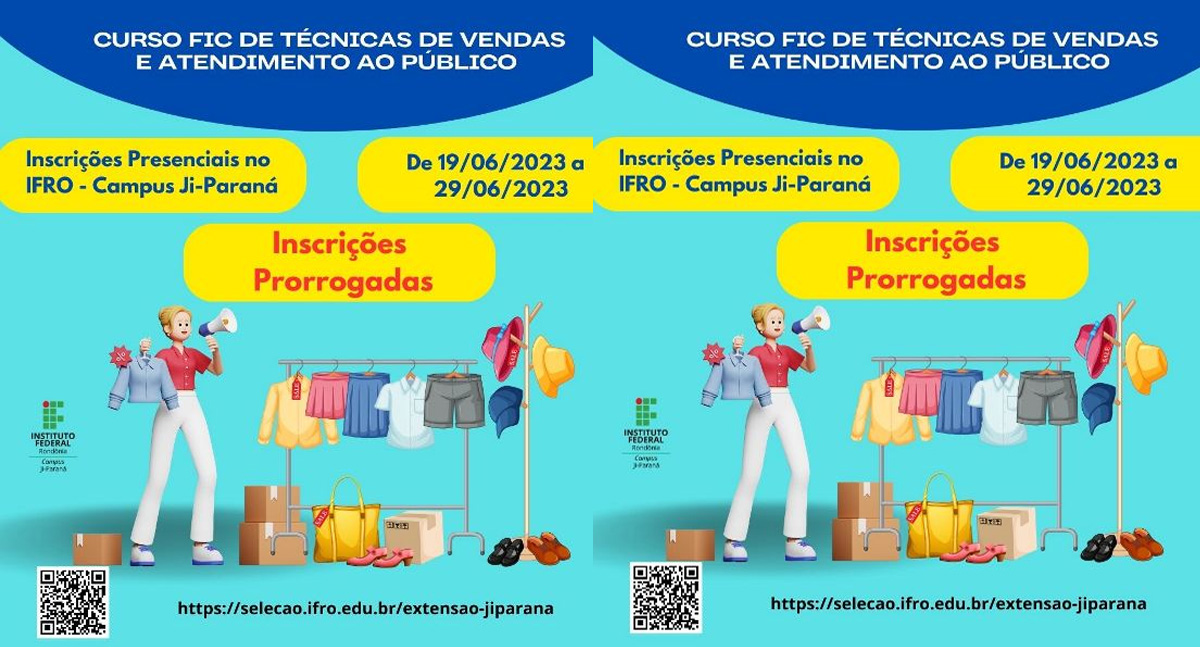 Prorrogadas as inscrições para Curso de Técnicas de Vendas e Atendimento ao Público do Campus Ji-Paraná