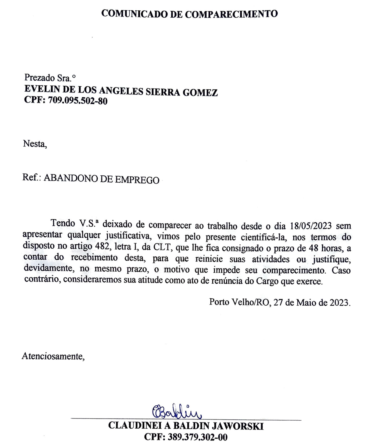 ABANDONO DE EMPREGO: EVELIN DE LOS ANGELES SIERRA GOMES - News Rondônia