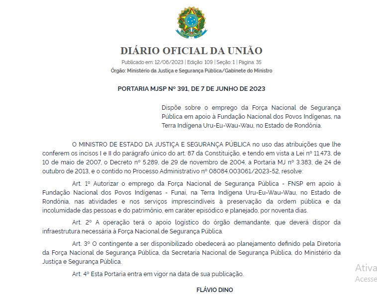 Flávio Dino autoriza emprego da Força Nacional nas áreas dos indígenas Uru-Eu-Wau-Wau - News Rondônia