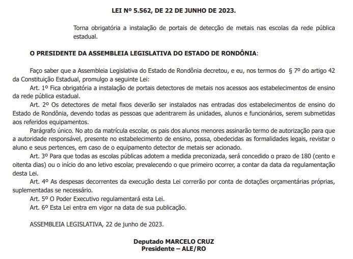 Tá no Diário: PL vetado pelo governo obrigando instalação de detectores de metais em escolas virou Lei - News Rondônia
