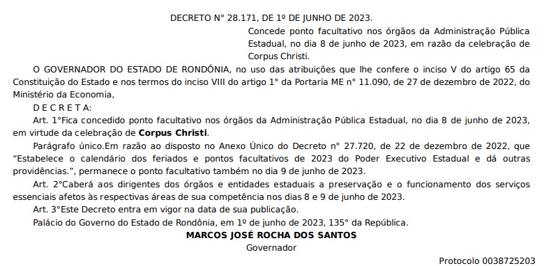 Feriado prolongado de Corpus Christi: Marcos Rocha decreta ponto facultativo nos dias 8 e 9 - News Rondônia