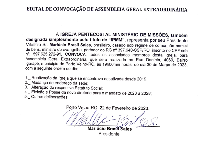 Edital de Convocação de Assembleia Geral Extraordinária: IGREJA PENTECOSTAL MINISTERIO DE MISSÕES - News Rondônia