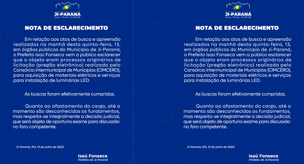 Nota de Esclarecimento - Prefeitura de Ji-Paraná - News Rondônia