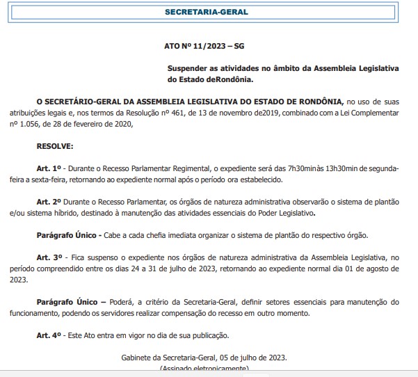 Durante recesso parlamentar, ALE-RO vai trabalhar em horário corrido a partir de 24 de julho - News Rondônia