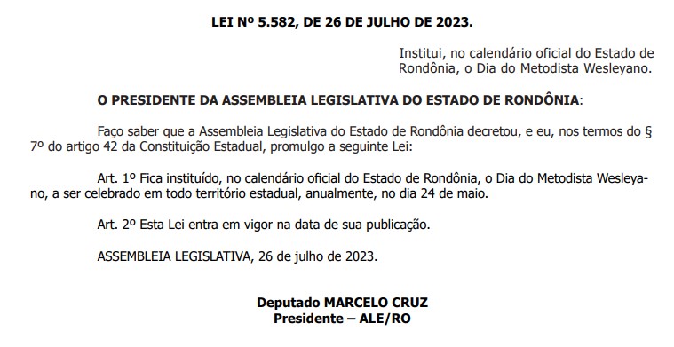 Rondônia ganha no calendário oficial o 'Dia do Metodista Wesleyano' - News Rondônia