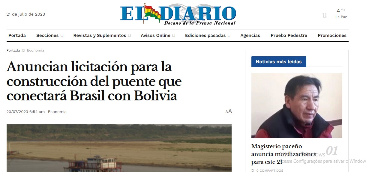 Imprensa boliviana repercute o aviso de licitação da Ponte Binacional entre RO e a Beni: 'Regocijo' - News Rondônia