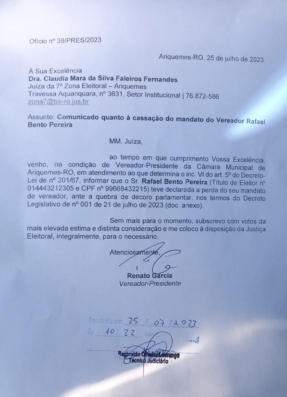  Câmara de Ariquemes publica no Diário Oficial da AROM a cassação do vereador Rafael (Fera) por "Decoro Parlamentar". - News Rondônia