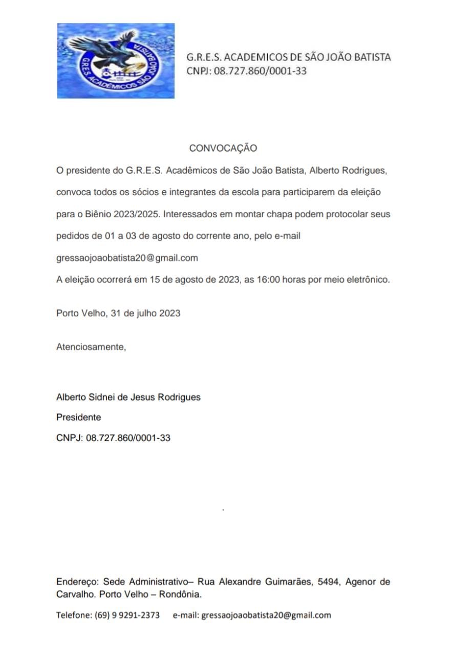 EDITAL DE CONVOCAÇÃO: G.R.E.S Acadêmicos de São João Batista - News Rondônia
