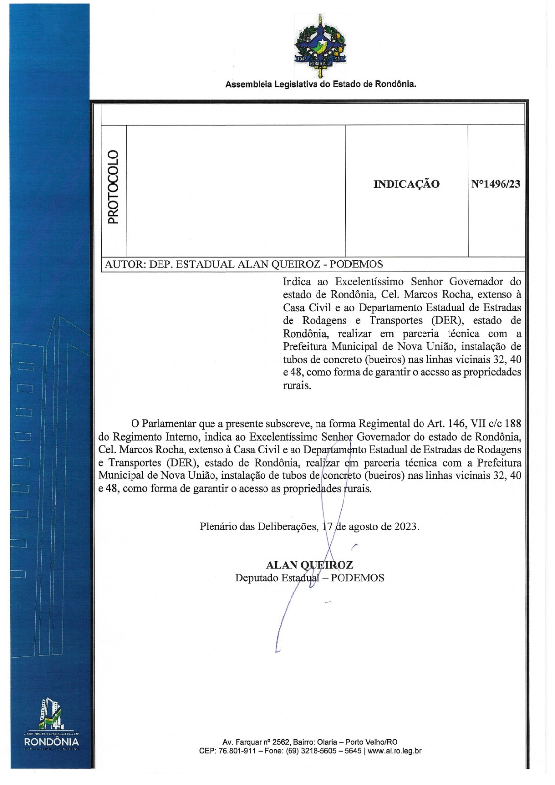 Alan Queiroz sugere a implementação de tubos de concreto em Nova União - News Rondônia