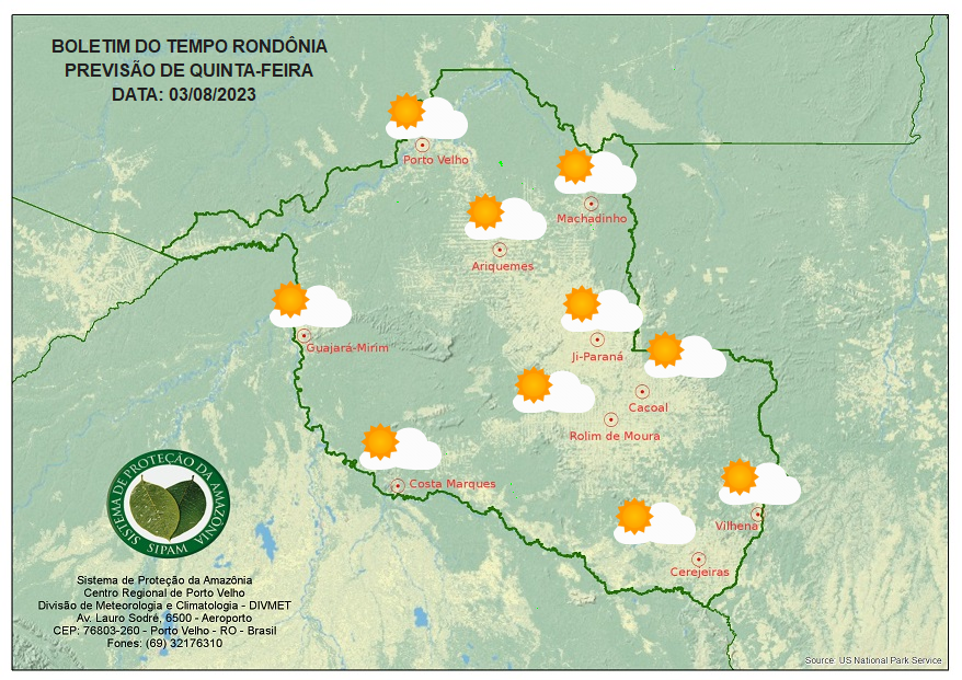 Previsão do Tempo RO para os dias 03, 04 e 05 de Agosto