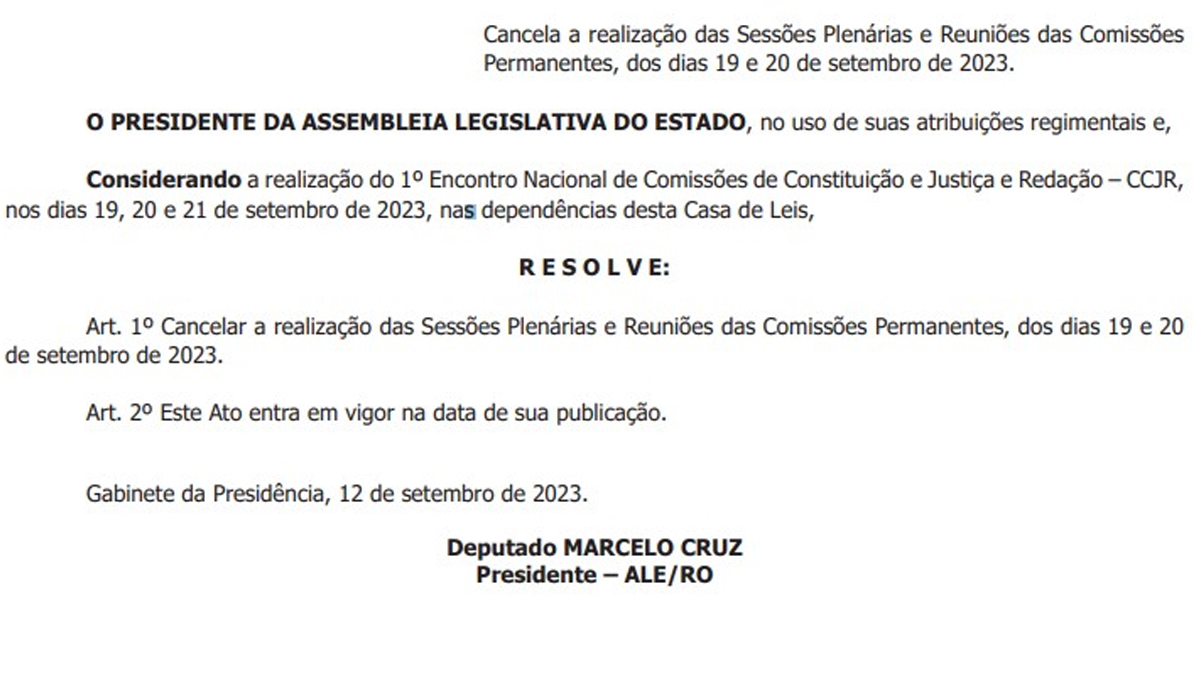 Mesa Diretora da ALE-RO cancela sessões e reuniões que deveriam ocorrer nesta e na próxima semana - News Rondônia