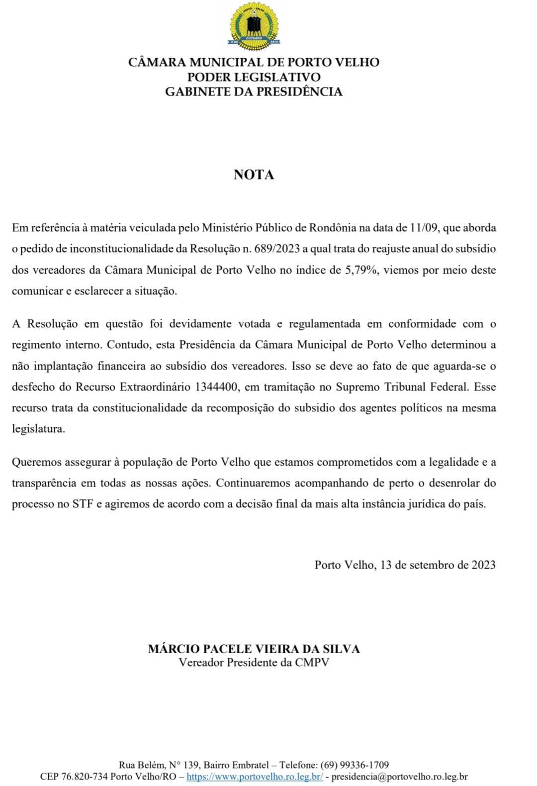 Nota Da Câmara Municipal De Porto Velho em referência a matéria veiculada pelo MP RO - News Rondônia