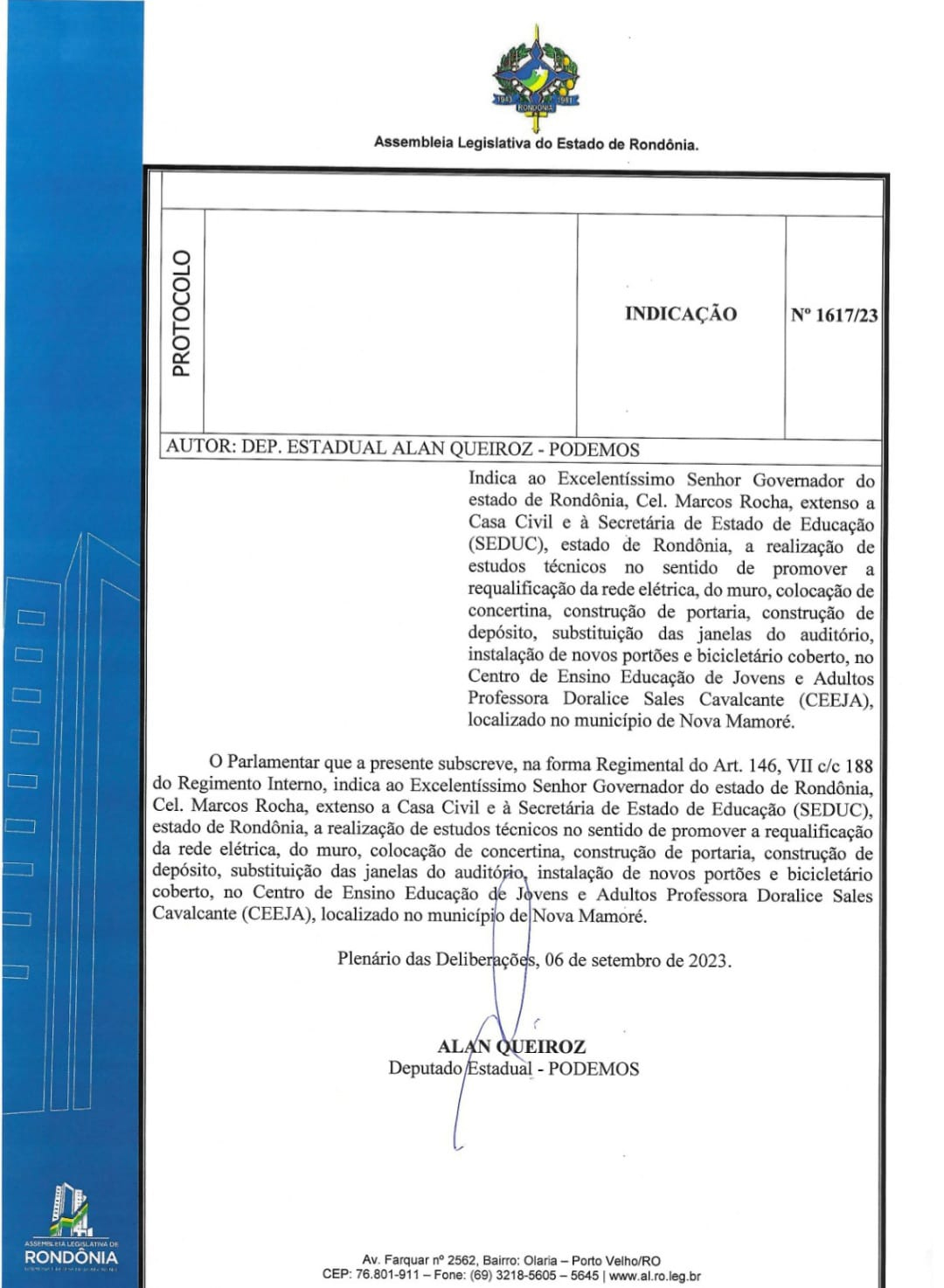 Alan Queiroz solicita revitalização de CEEJA em Nova Mamoré - News Rondônia