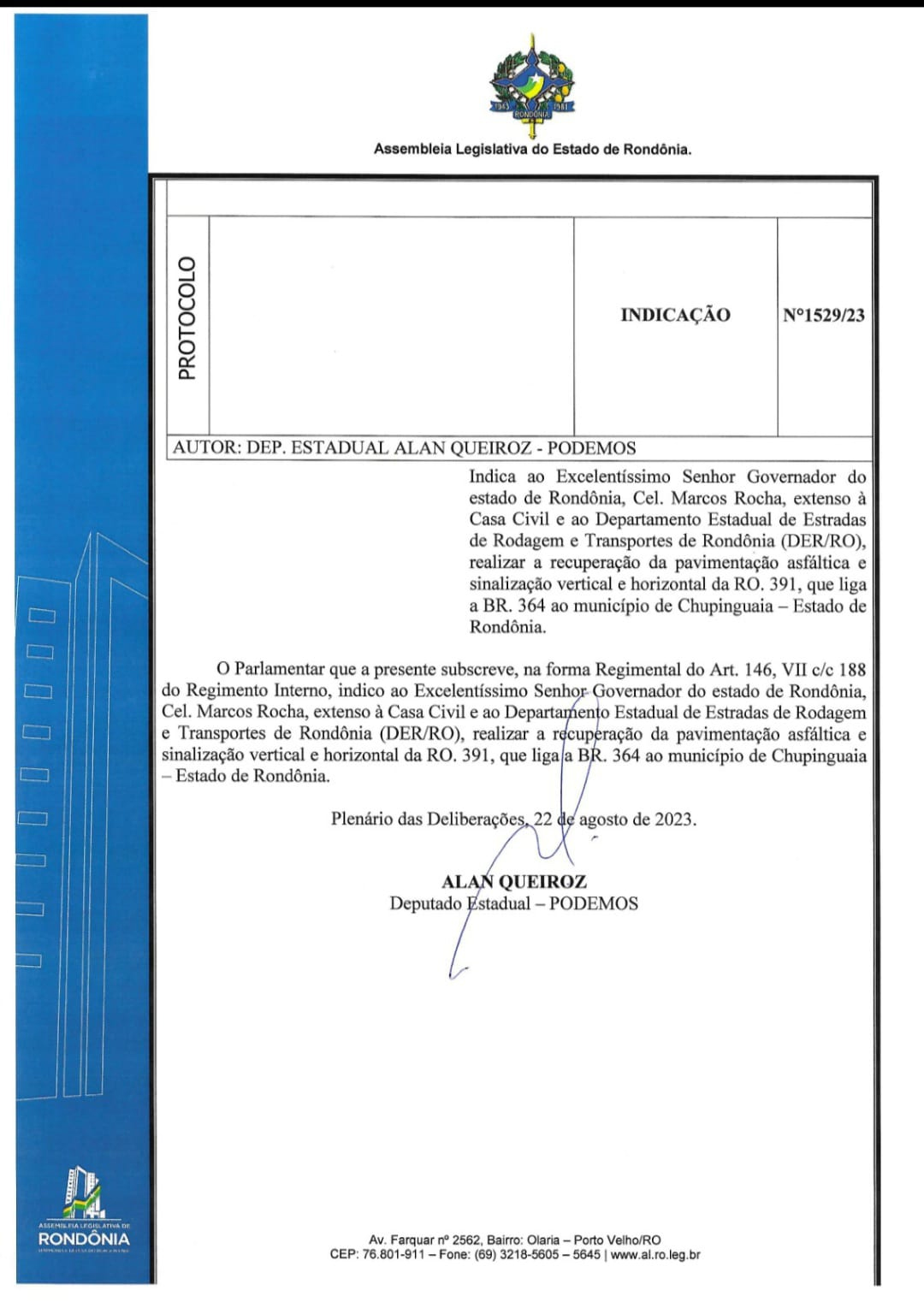 Alan Queiroz sugere a pavimentação asfáltica e sinalização adequada na RO-391 - News Rondônia