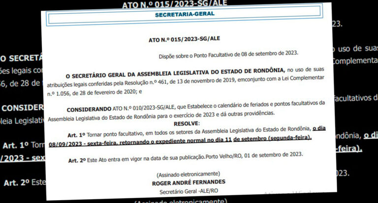 No embalo do feriado, ALE-RO ‘enforca’ a sexta-feira como ponto facultativo: Trabalhos voltam dia 11 - News Rondônia