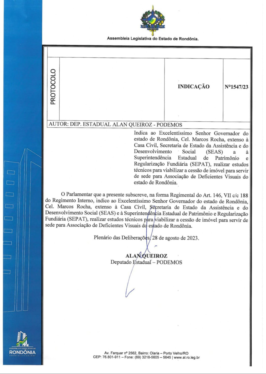 Alan Queiroz busca sede para Associação de Deficientes Visuais em Rondônia - News Rondônia
