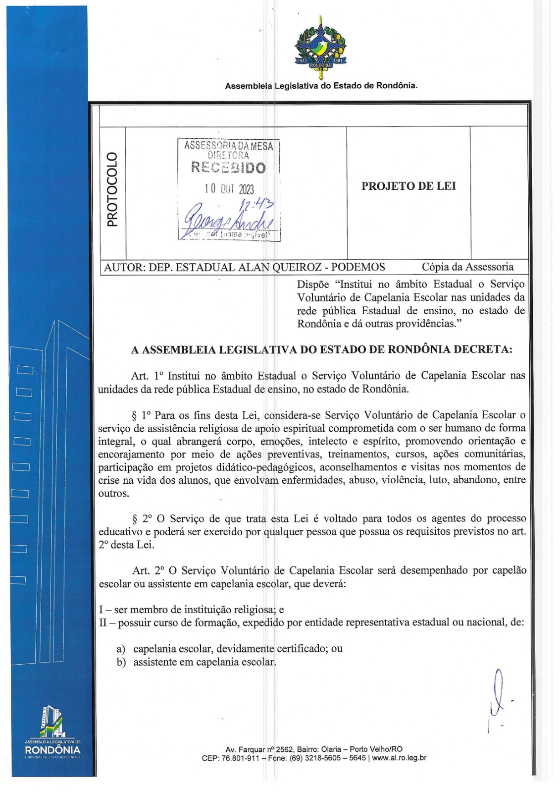 Alan Queiroz propõe Serviço Voluntário de Capelania Escolar nas unidades da rede pública estadual