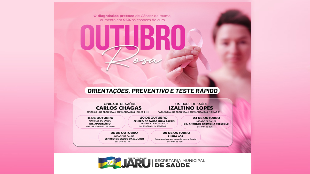 Outubro Rosa: Prefeitura de Jaru amplia horário de atendimentos nas unidades de saúde para realização de exames preventivos, exame clínico das mamas e teste rápido