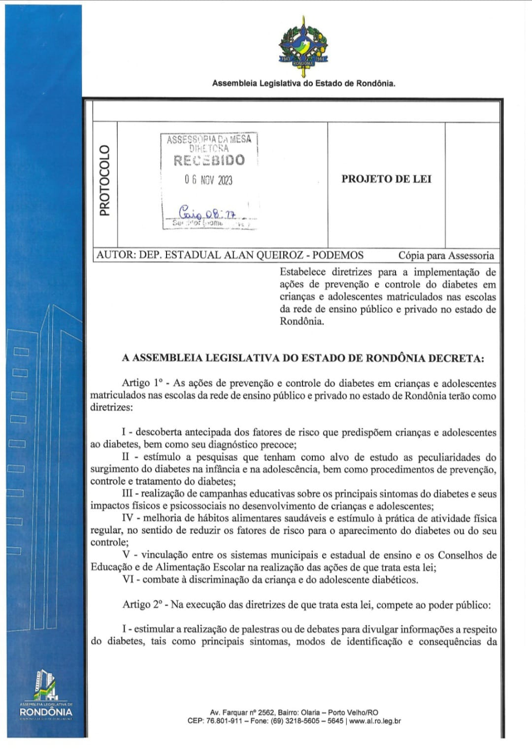 Alan Queiroz propõe implementação de ações para prevenção e controle do diabetes nas escolas de Rondônia - News Rondônia
