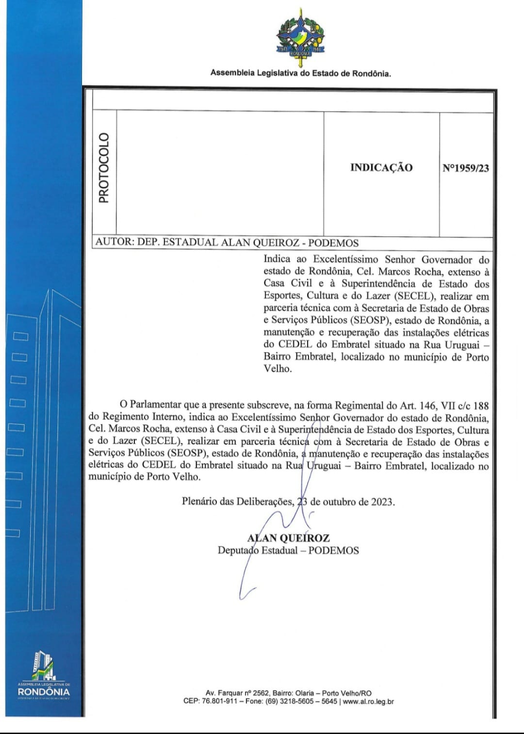 Alan Queiroz indica a manutenção elétrica de Centros de Esporte e Lazer em Porto Velho - News Rondônia Alan Queiroz indica a manutenção elétrica de Centros de Esporte e Lazer em Porto Velho