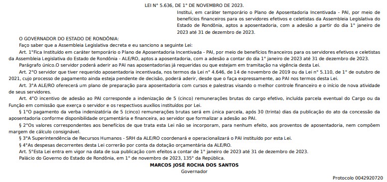 Lei com Plano de Aposentadoria Incentivada na ALE-RO é publicada no Diário Oficial - News Rondônia