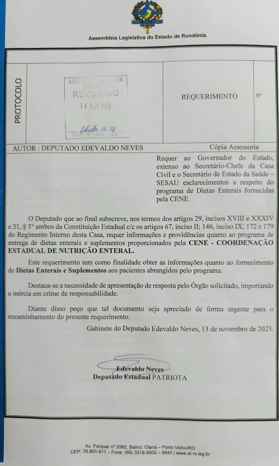 Transparência na Saúde: Deputado Edevaldo Neves cobra respostas sobre Programa de Nutrição