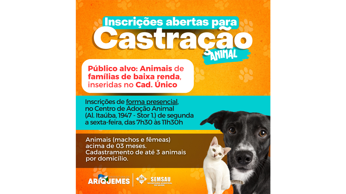 Prefeitura de Ariquemes abre cadastramento para castração de animais domésticos de famílias inseridas no Cad. Único em Ariquemes - News Rondônia