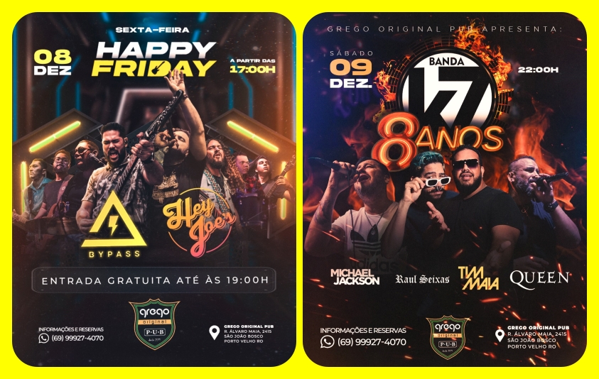Agenda News: Happy Friday, Feijuka com Rock e Aniversário Banda K7, confira as atrações do Grego Original Pub - News Rondônia