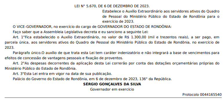 Lei assinada por Sérgio Gonçalves autoriza auxílio extraordinário de R$ 1.300 reais aos servidores ativos do MP-RO - News Rondônia