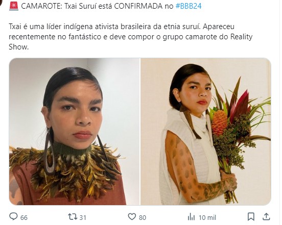 Possível ingresso de Txai Suruí no BBB 2024 agita o Twitter nesta quarta-feira - News Rondônia
