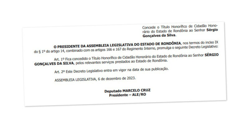Sérgio Gonçalves, o vice-governador, é o novo Cidadão Honorário de Rondônia - News Rondônia