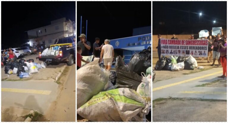 Em Candeias: com sacos de lixo nas mãos, manifestantes protestam em frente à Câmara Municipal em repúdio às decisões prejudiciais dos vereadores - News Rondônia