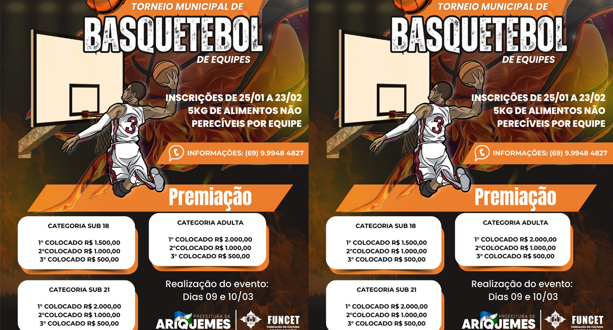 Prefeitura abre inscrições para o Torneio Municipal de Basquetebol 2024