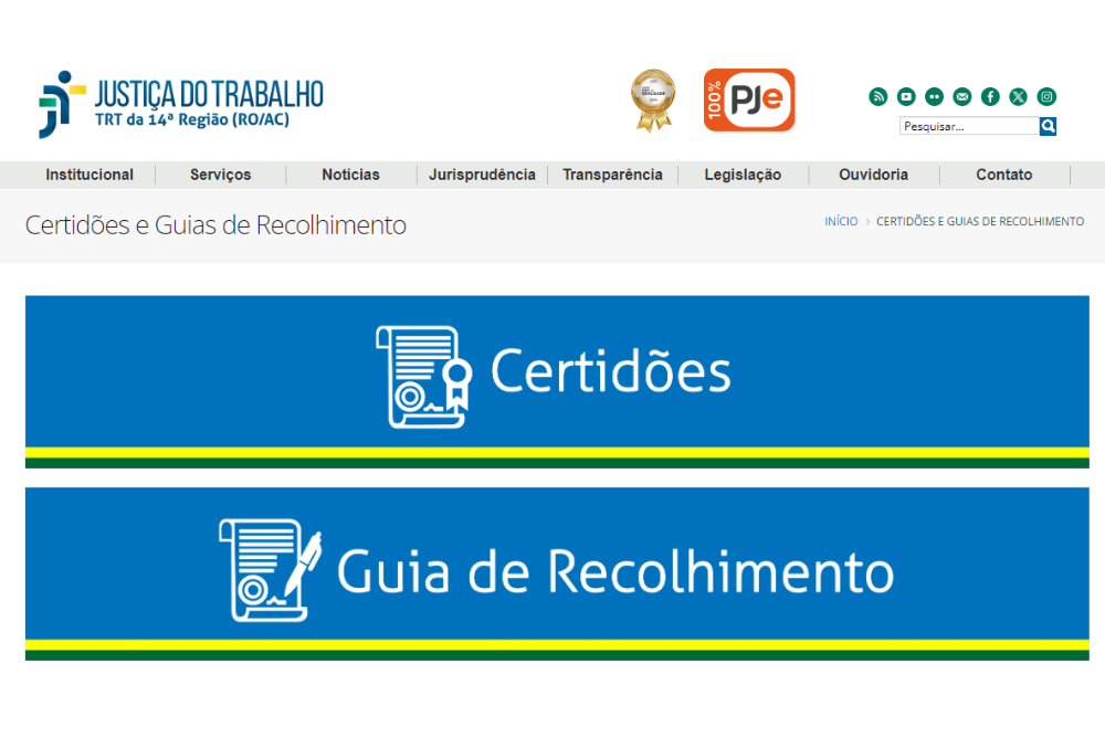 TRT-14 atualiza página no seu site para emissão de GRU Simples e Judicial