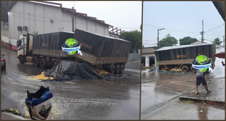 Caminhão com soja quase tomba em ladeira na Avenida Farquar em Porto Velho