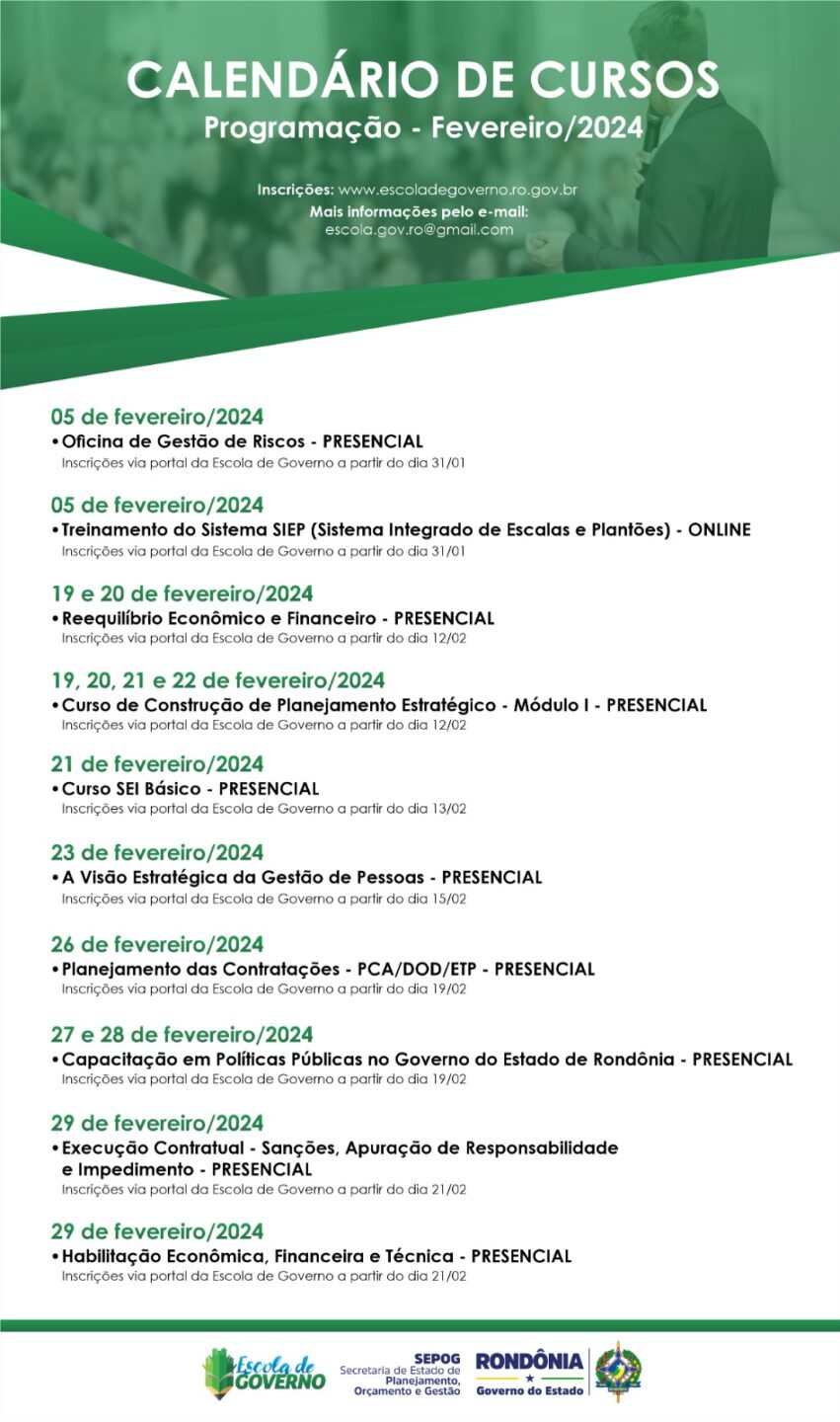 Cursos da Escola de Governo programados para fevereiro iniciam segunda-feira, 5 - News Rondônia Cursos da Escola de Governo programados para fevereiro iniciam segunda-feira, 5