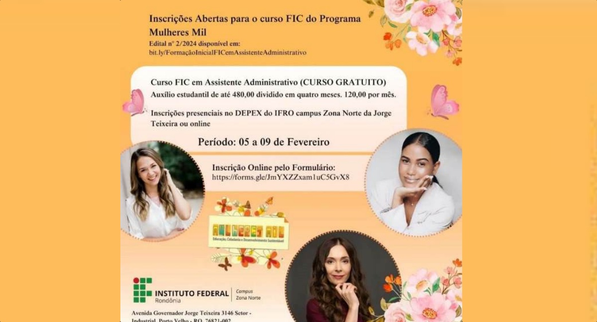 IFRO Zona Norte oferta 30 vagas em Curso de Assistente Administrativo do Programa Mulheres Mil