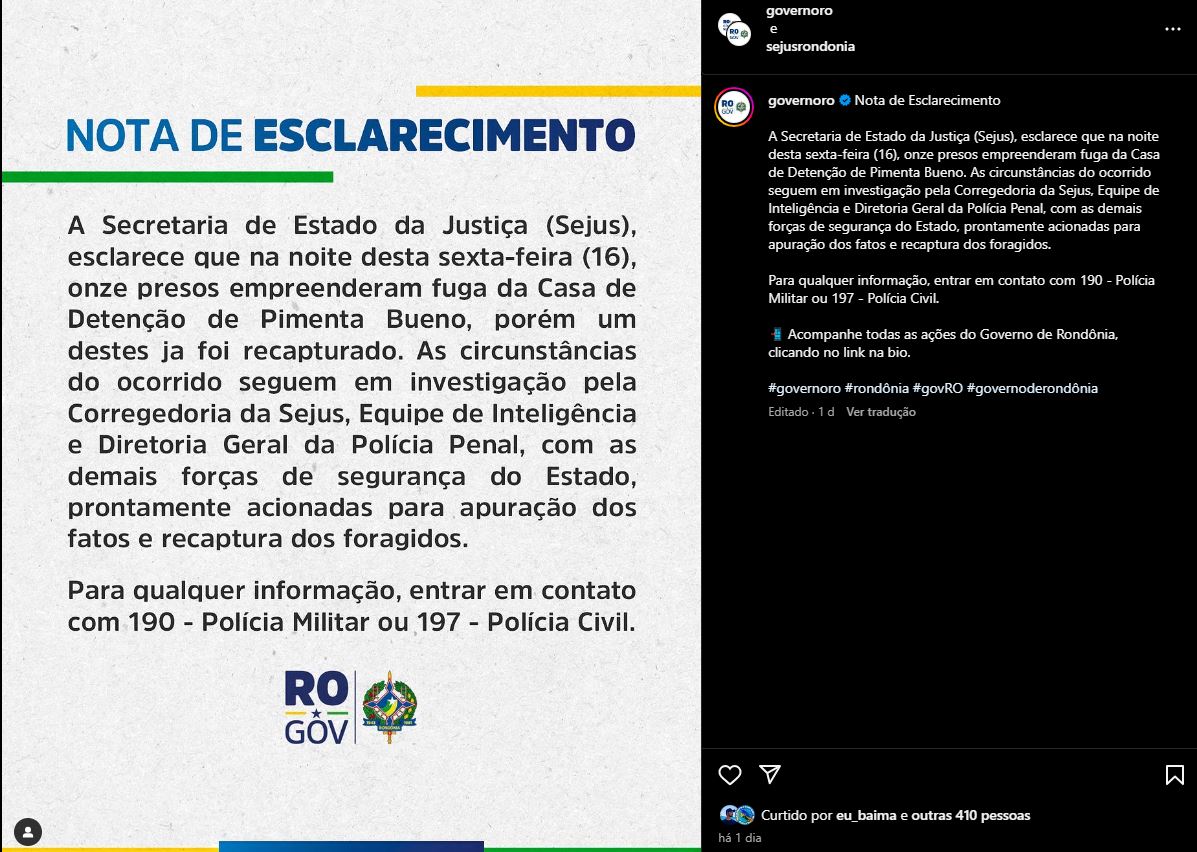 Sejus confirma fuga de 11 presos em Rondônia e operação é deflagrada - News Rondônia