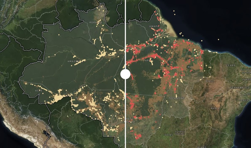 No mapa, os pontos em amarelo correspondem aos sítios arqueológicos. Ao puxar a barra para esquerda, você conseguirá visualizar quantos desses locais estão sob áreas desmatadas, os pontos estão em vermelho. Fonte: Levantamento da InfoAmazonia com base nos dados do IPHAN e PRODES (INPE).