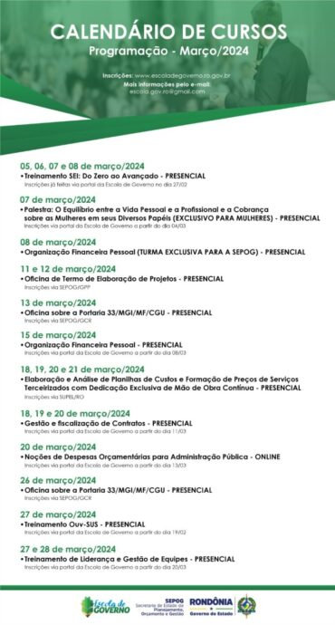 Escola de Governo abre Calendário de Cursos para o mês de março - News Rondônia