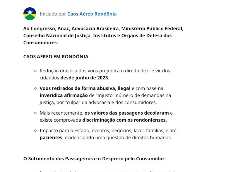 Manifesto que repudia as retiradas de voos em Rondônia alcança quase 3 mil assinaturas - News Rondônia